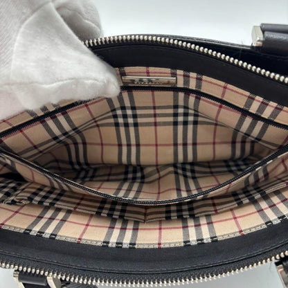 BURBERRY Hand Bag Tote Purse Nova Check Leather Black Authentic