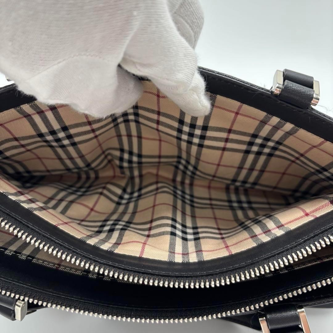 BURBERRY Hand Bag Tote Purse Nova Check Leather Black Authentic