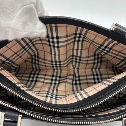 BURBERRY Hand Bag Tote Purse Nova Check Leather Black Authentic