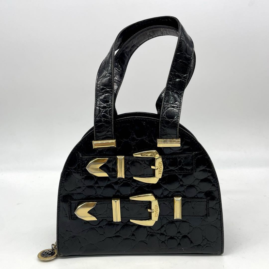 VERSACE Hand Bag Tote Purse Leather Black Authentic