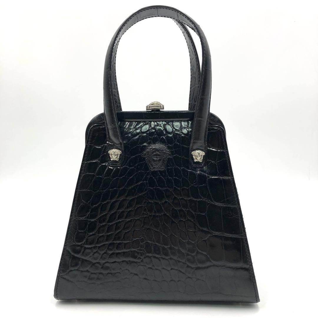 VERSACE Hand Bag Tote Purse Medusa Leather Black Authentic