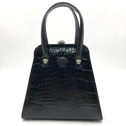 VERSACE Hand Bag Tote Purse Medusa Leather Black Authentic