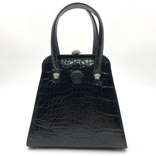VERSACE Hand Bag Tote Purse Medusa Leather Black Authentic