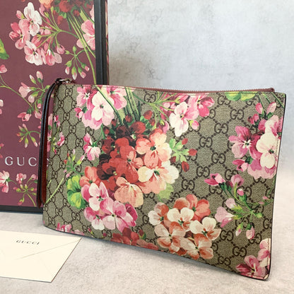 GUCCI Bag Flora GG Supreme Clutch Purse Hand Leather Beige Red Used Authentic