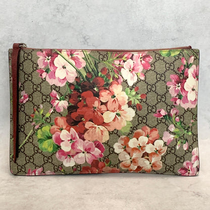 GUCCI Bag Flora GG Supreme Clutch Purse Hand Leather Beige Red Used Authentic