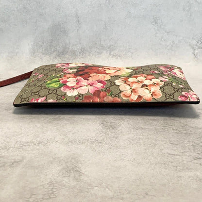 GUCCI Bag Flora GG Supreme Clutch Purse Hand Leather Beige Red Used Authentic