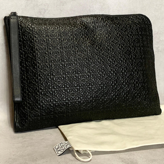 LOEWE Bag Anagram Clutch Purse Hand Leather Black Silver Used Authentic
