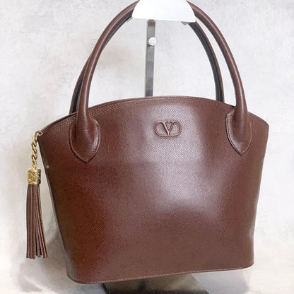Valentino Garavani Bag Tassel Logo Hand Tote Purse Leather Brown Gold Authentic