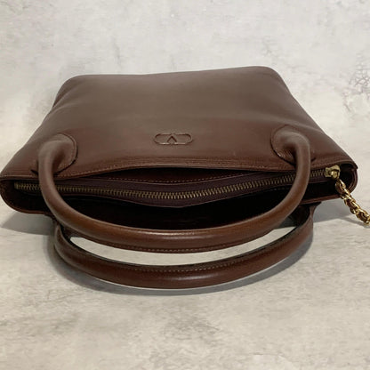 Valentino Garavani Bag Tassel Logo Hand Tote Purse Leather Brown Gold Authentic