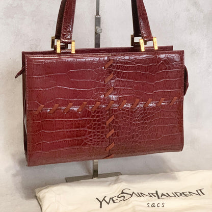 Saint Laurent Bag Logo Hand Tote Purse Leather Red Gold Used Authentic