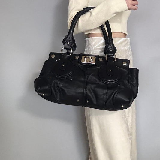 Chloe Bag Paddington Handbag Y2K Tote Purse Leather Black Silver Used Authentic