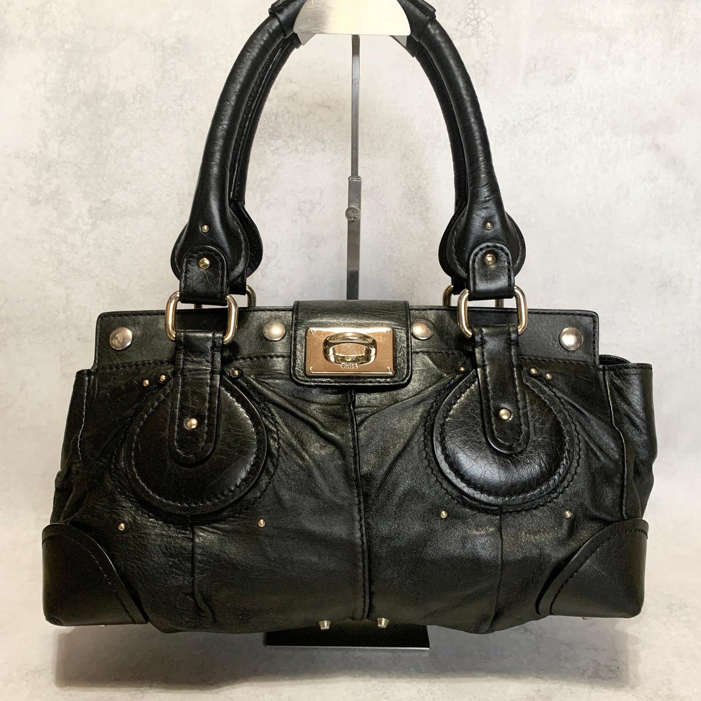 Chloe Bag Paddington Handbag Y2K Tote Purse Leather Black Silver Used Authentic