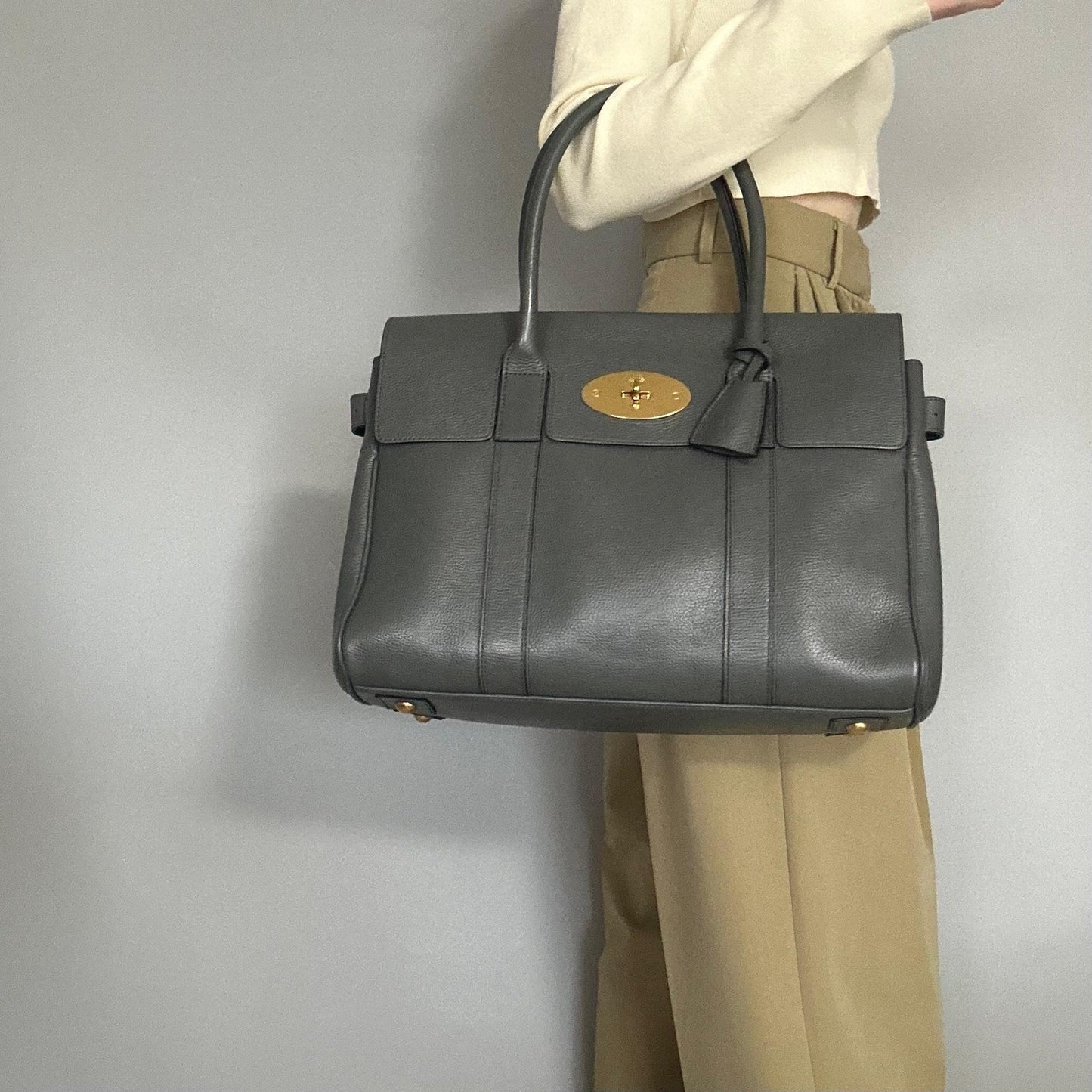 MULBERRY Bag Bayswater Hand Tote Purse Leather Gray Gold Used Authentic