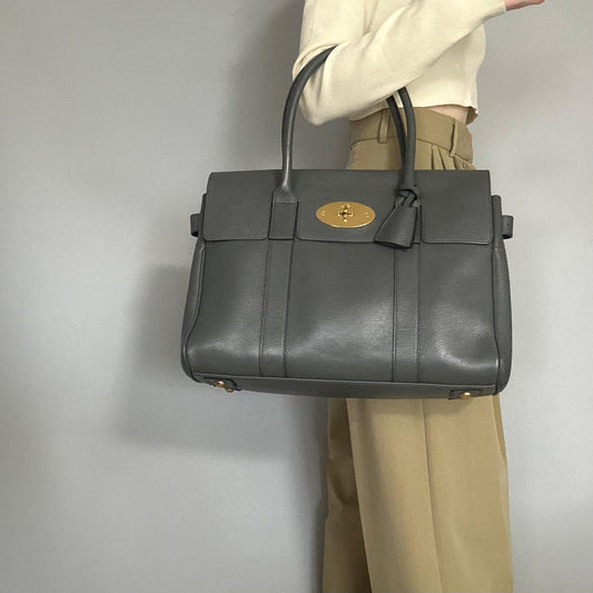 MULBERRY Bag Bayswater Hand Tote Purse Leather Gray Gold Used Authentic