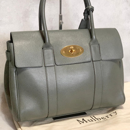 MULBERRY Bag Bayswater Hand Tote Purse Leather Gray Gold Used Authentic