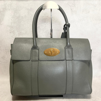 MULBERRY Bag Bayswater Hand Tote Purse Leather Gray Gold Used Authentic