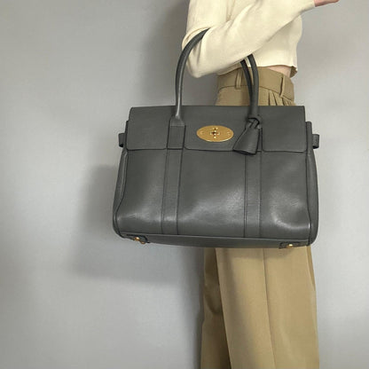 MULBERRY Bag Bayswater Hand Tote Purse Leather Gray Gold Used Authentic