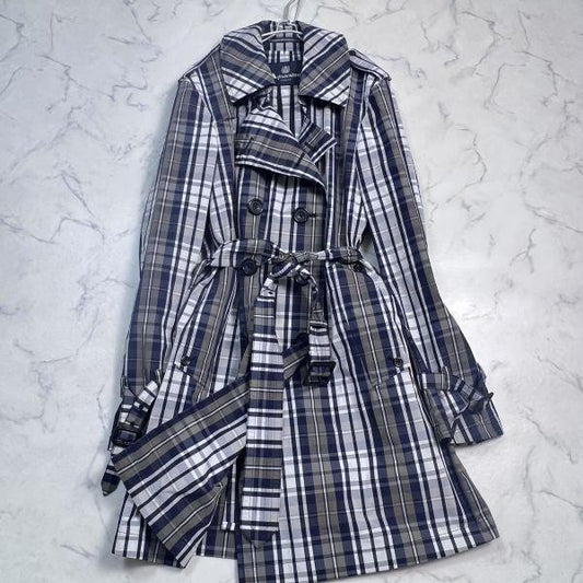 Aquascutum Rain Trench Coat Mega Check Asian fit M US size S Navy Authentic