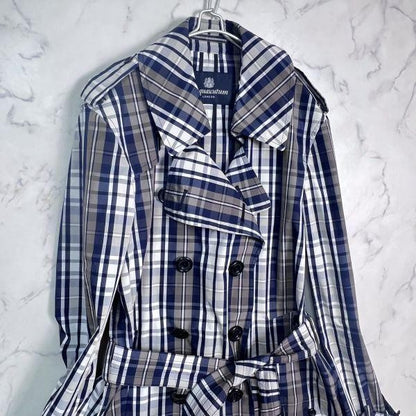 Aquascutum Rain Trench Coat Mega Check Asian fit M US size S Navy Authentic