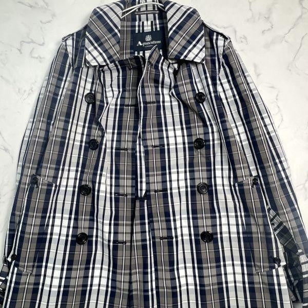 Aquascutum Rain Trench Coat Mega Check Asian fit M US size S Navy Authentic
