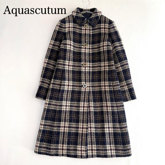 Aquascutum Long Coat Check Asian fit M US size S Navy Beige Authentic