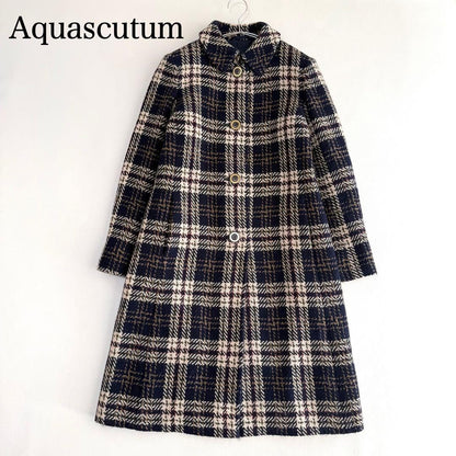 Aquascutum Long Coat Check Asian fit M US size S Navy Beige Authentic