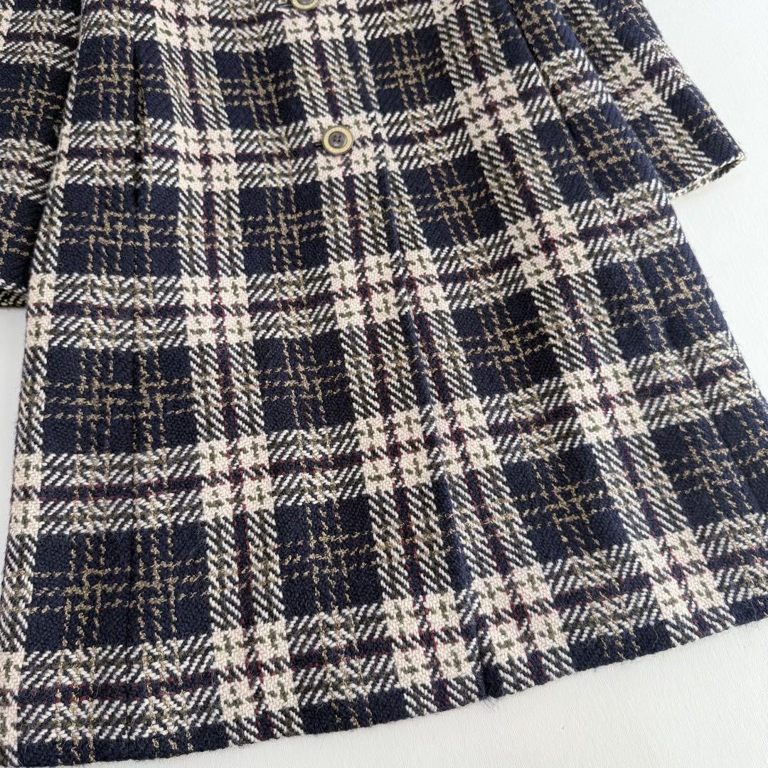 Aquascutum Long Coat Check Asian fit M US size S Navy Beige Authentic