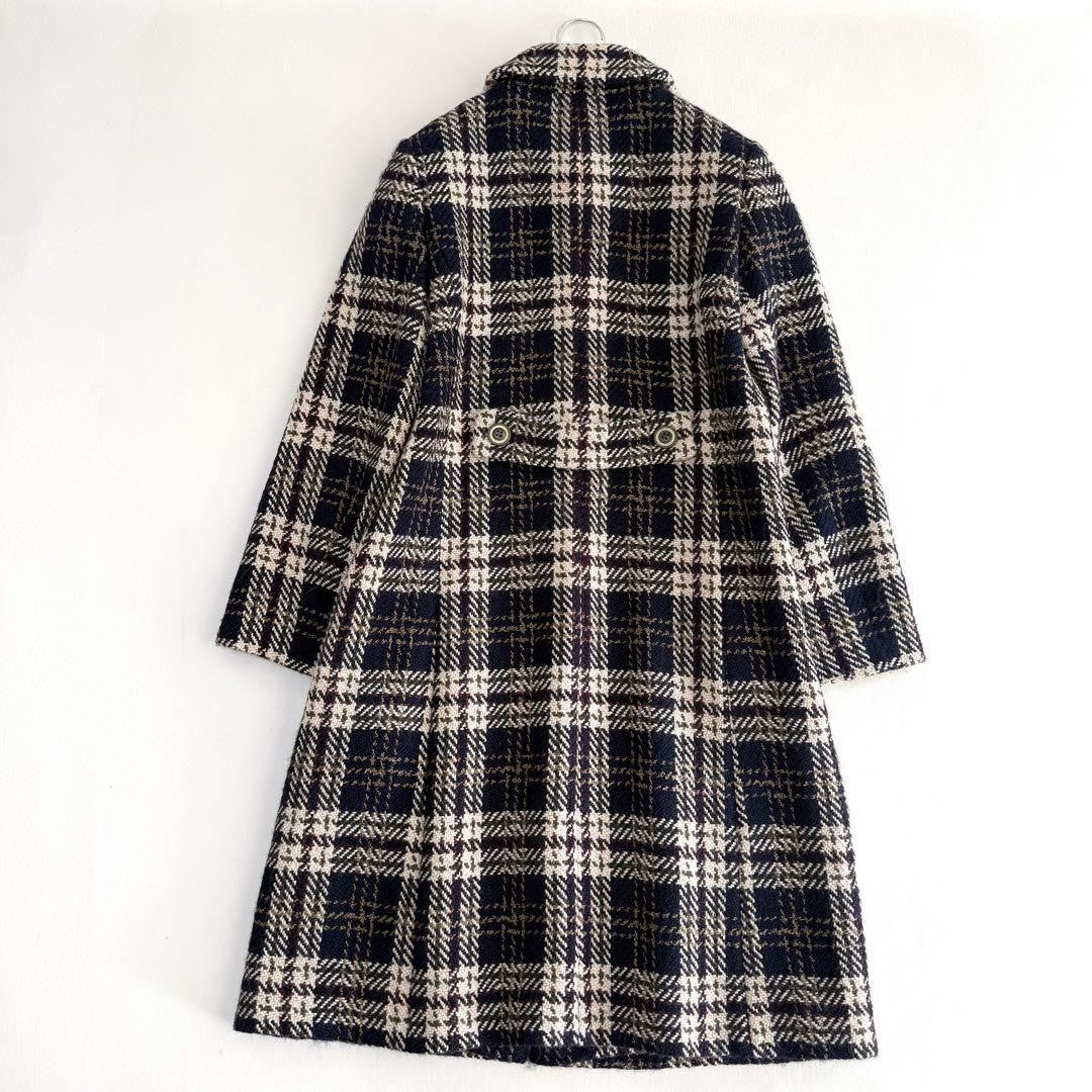 Aquascutum Long Coat Check Asian fit M US size S Navy Beige Authentic