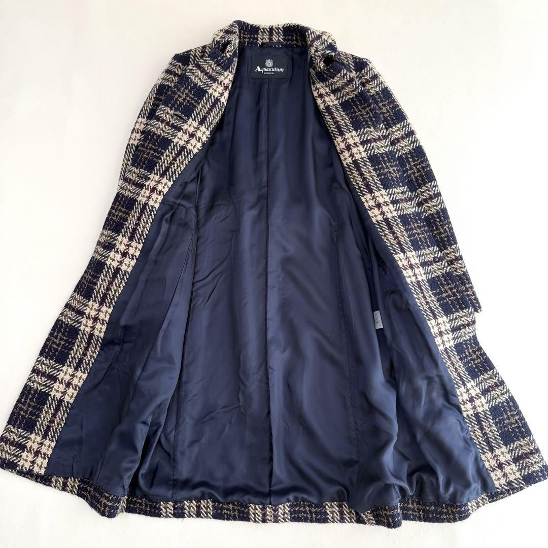 Aquascutum Long Coat Check Asian fit M US size S Navy Beige Authentic