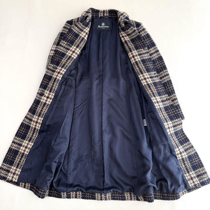 Aquascutum Long Coat Check Asian fit M US size S Navy Beige Authentic