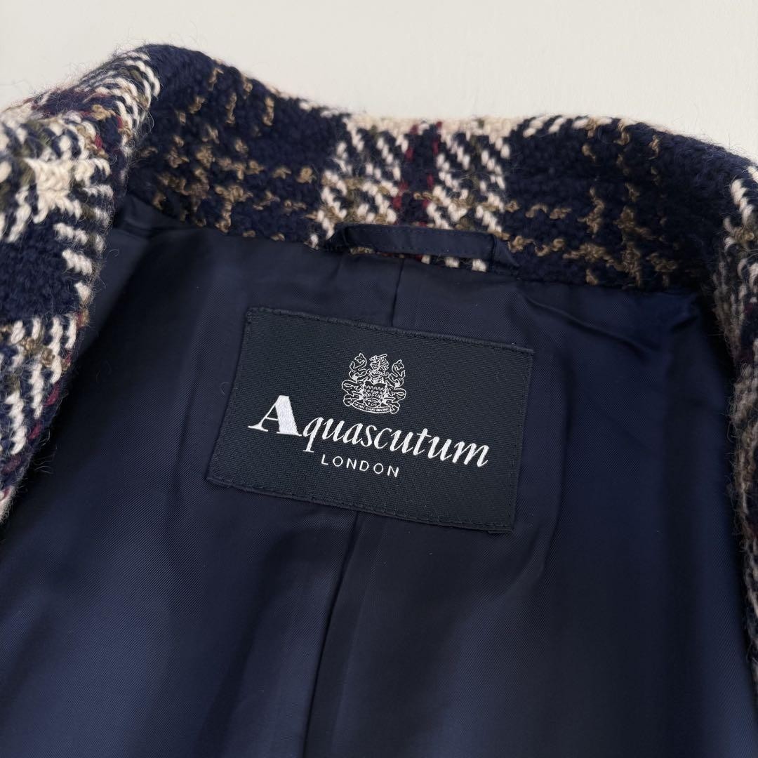 Aquascutum Long Coat Check Asian fit M US size S Navy Beige Authentic