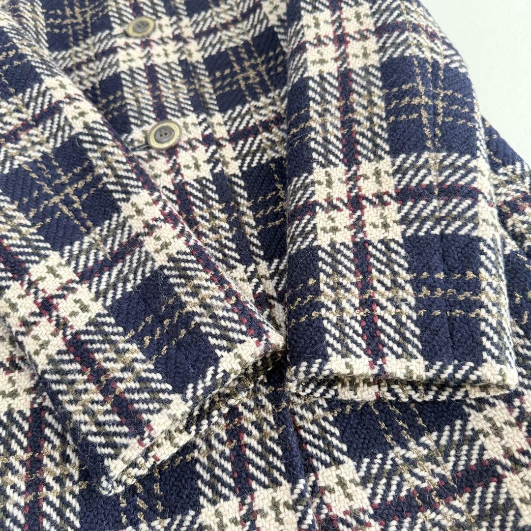 Aquascutum Long Coat Check Asian fit M US size S Navy Beige Authentic