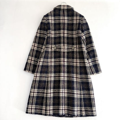 Aquascutum Long Coat Check Asian fit M US size S Navy Beige Authentic