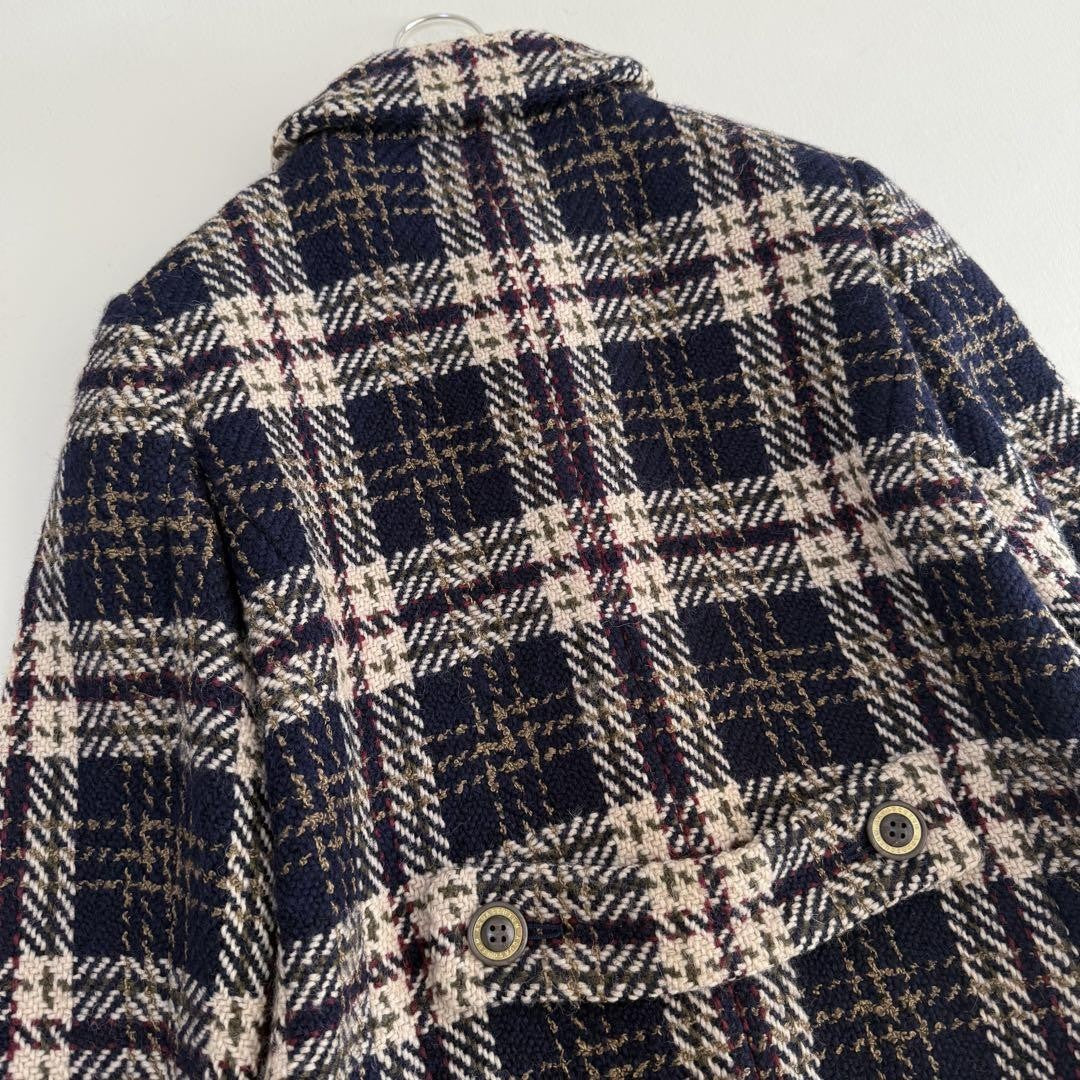 Aquascutum Long Coat Check Asian fit M US size S Navy Beige Authentic