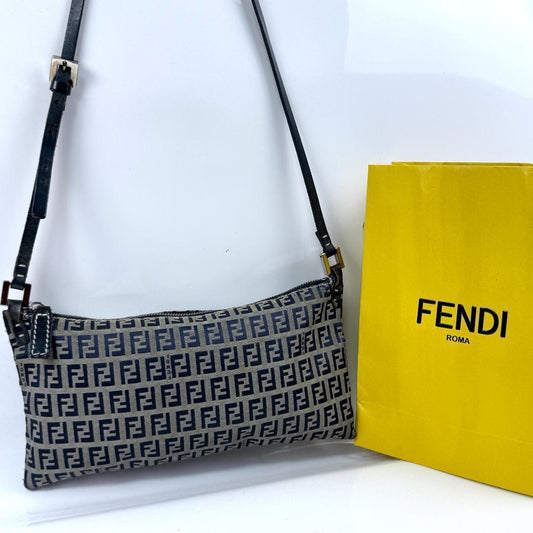 FENDI Shoulder Bag Purse FF Zucca Zucchino Canvas Leather Navy Authentic