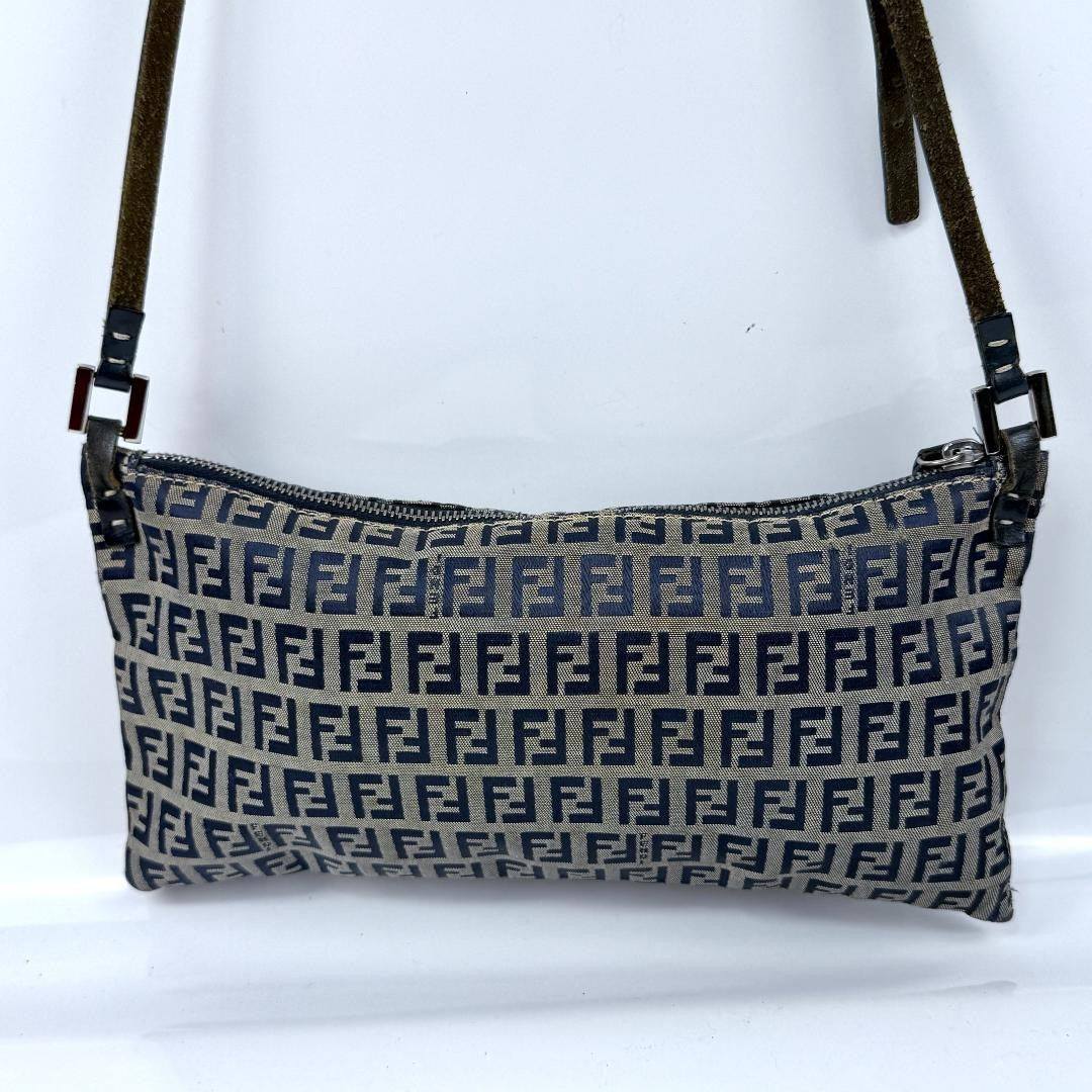 FENDI Shoulder Bag Purse FF Zucca Zucchino Canvas Leather Navy Authentic