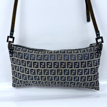 FENDI Shoulder Bag Purse FF Zucca Zucchino Canvas Leather Navy Authentic