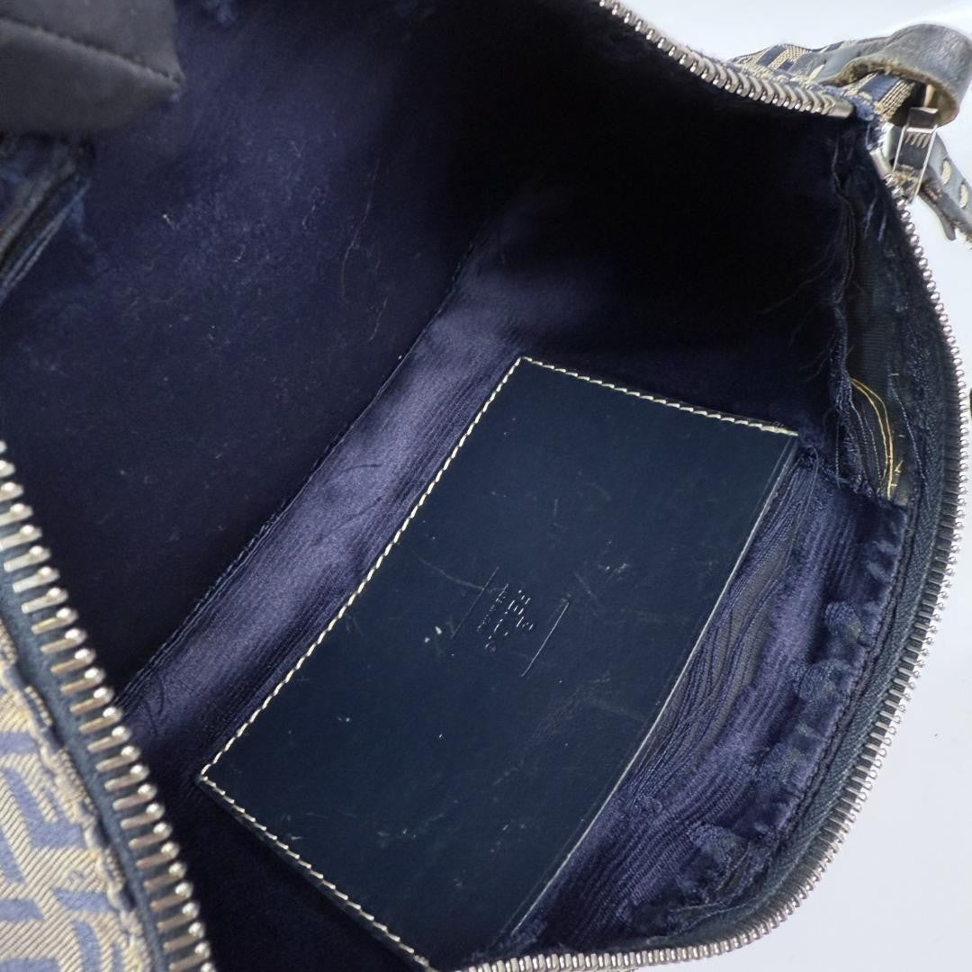 FENDI Shoulder Bag Purse FF Zucca Zucchino Canvas Leather Navy Authentic