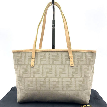 FENDI Hand Bag Tote Purse FF Zucca Canvas Leather Beige Authentic