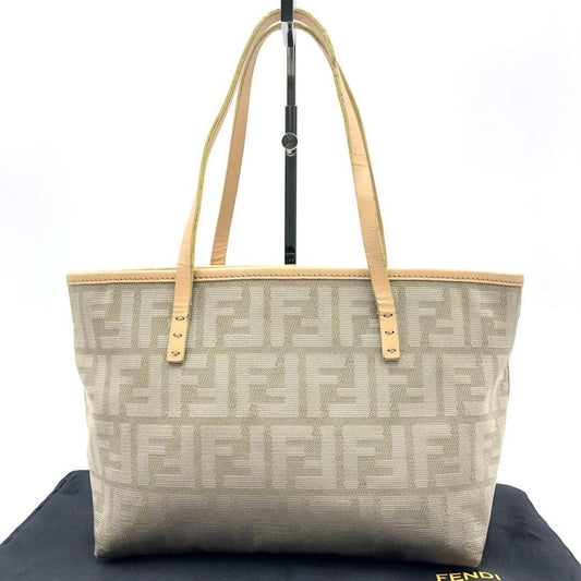 FENDI Hand Bag Tote Purse FF Zucca Canvas Leather Beige Authentic