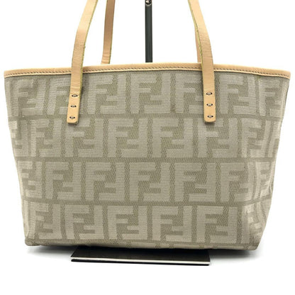 FENDI Hand Bag Tote Purse FF Zucca Canvas Leather Beige Authentic