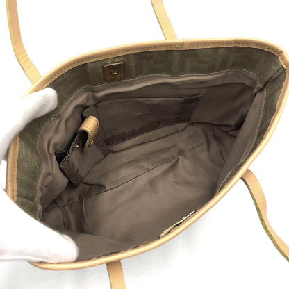 FENDI Hand Bag Tote Purse FF Zucca Canvas Leather Beige Authentic