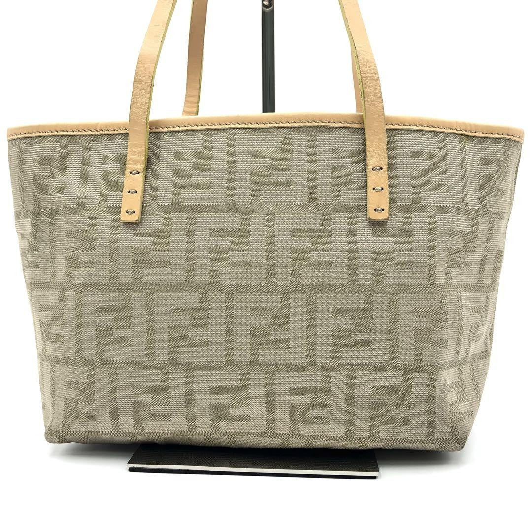 FENDI Hand Bag Tote Purse FF Zucca Canvas Leather Beige Authentic