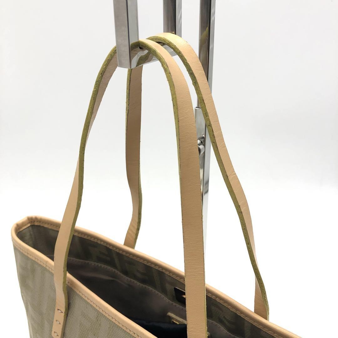 FENDI Hand Bag Tote Purse FF Zucca Canvas Leather Beige Authentic