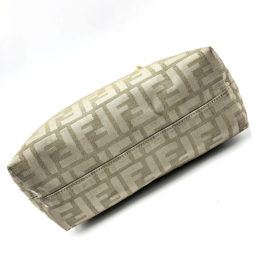 FENDI Hand Bag Tote Purse FF Zucca Canvas Leather Beige Authentic