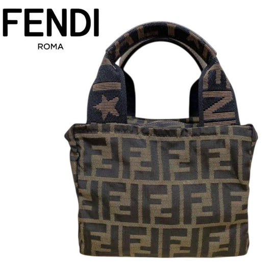 FENDI Hand Bag Tote Purse FF Zucca Nylon Brown Authentic