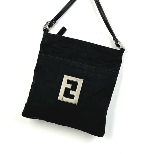FENDI Shoulder Bag Purse FF Zucca Canvas Leather Black Authentic