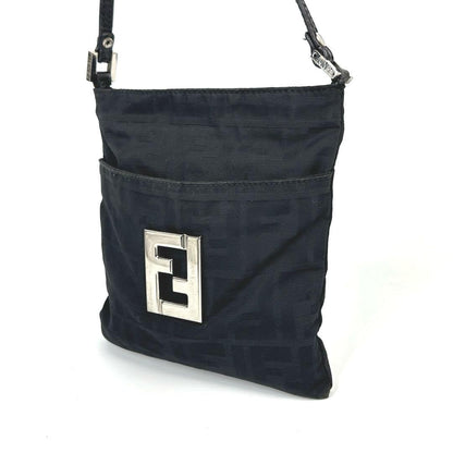 FENDI Shoulder Bag Purse FF Zucca Canvas Leather Black Authentic