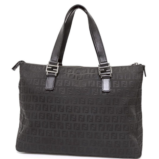 FENDI Hand Bag Tote Purse FF Zucchino Canvas Leather Nylon Black Authentic