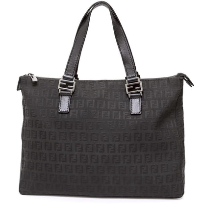 FENDI Hand Bag Tote Purse FF Zucchino Canvas Leather Nylon Black Authentic
